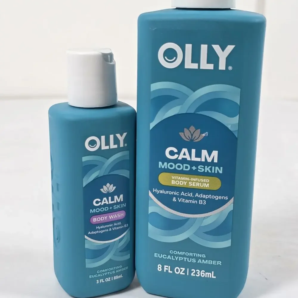 OLLY CALM Mood +Skin Body Wash 3oz With Body Serum 8oz -2 pk Eucalyptus Amber